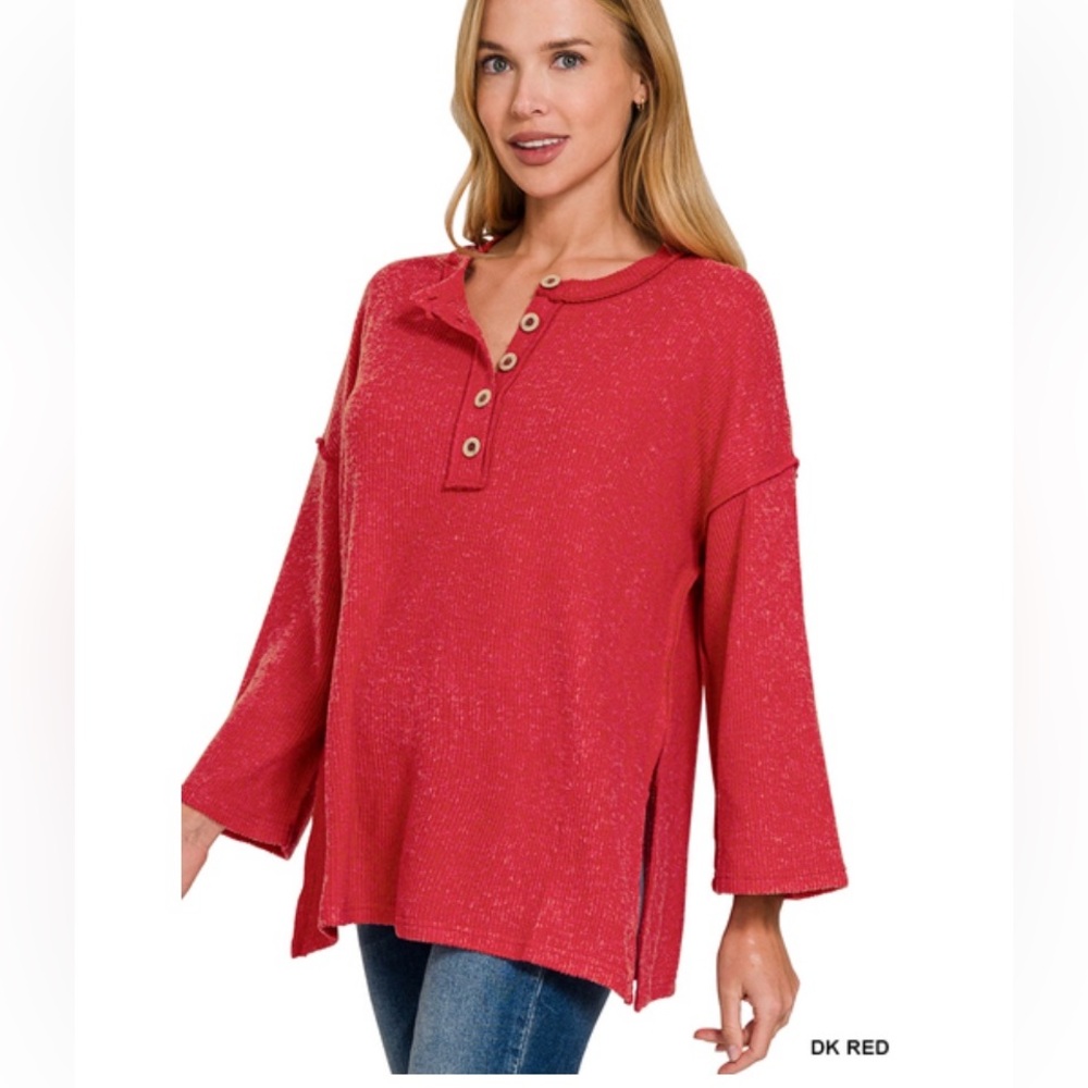 Zenana Outfitters Dark Red Henley Button Long Sleeve Top